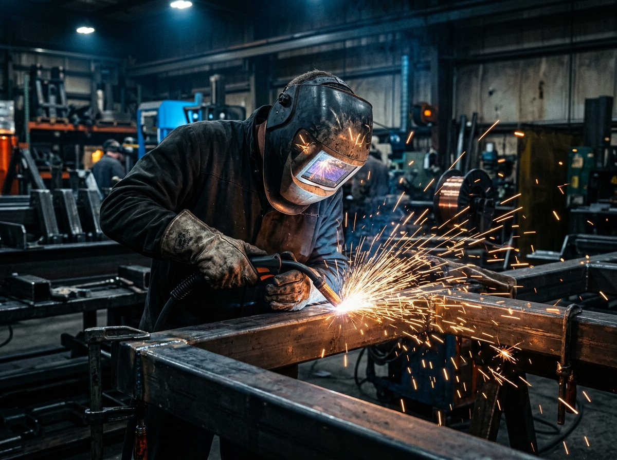 Professional welder welding heavy steel structure with golden sparks