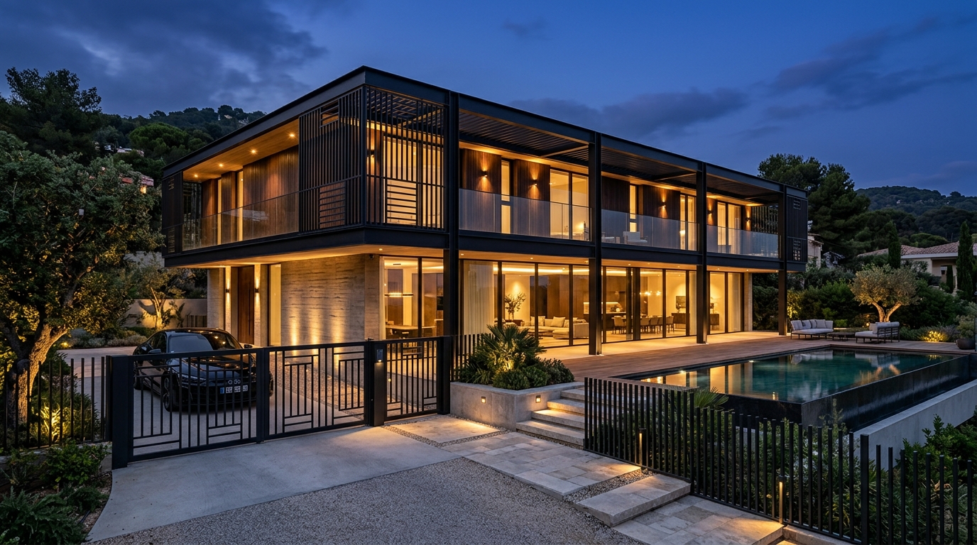 Modern luxury architectural villa featuring custom steel balcony railings, boundary gates, and structural steel works